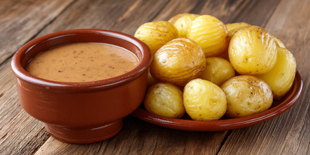 boiled potatoes with sauce in a clay bowl on a wooden tableの素材