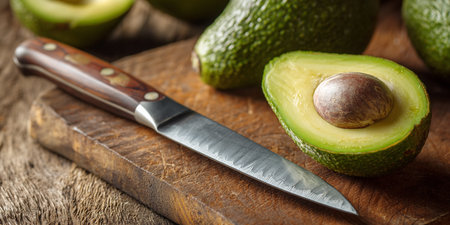 Fresh ripe avocados with knife on wooden cutting board closeupの素材