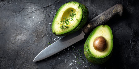 Avocado with herbs and knife on black background. Top view.の素材