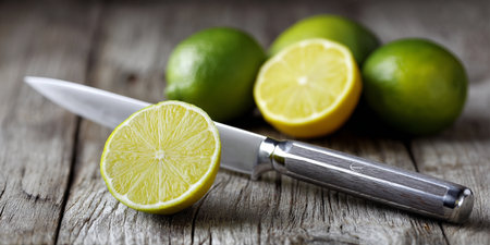 Lime and lime slices on a wooden table with a knife.の素材