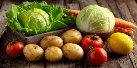 Fresh vegetables on old wooden table. Selective focus. food backgroundの素材