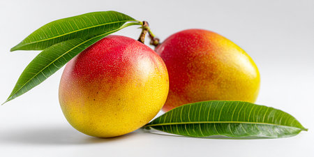 Mango fruit with green leaves on white background, close up.の素材