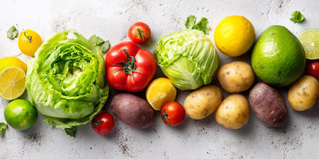 Fresh vegetables on white stone background. Top view, copy space.の素材