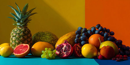 Fruits were placed on a blue-orange background. Shot in studio.の素材