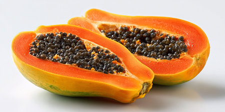 Papaya fruit with black caviar isolated on white background.の素材