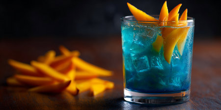 Mango cocktail with ice and mango slices on a dark background.の素材