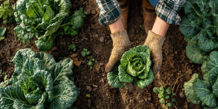 cropped view of farmer in plaid shirt holding cabbage in gardenの素材
