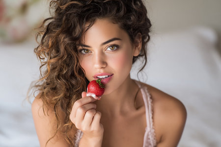 Portrait of beautiful young woman eating strawberry on bed at home.の素材