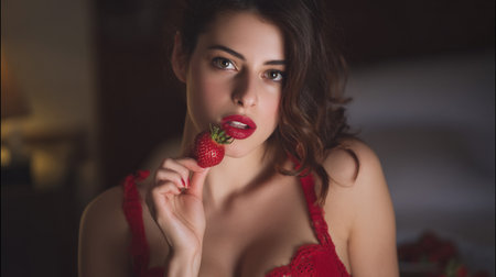 Beautiful young woman in lingerie eating strawberry on the bed.の素材