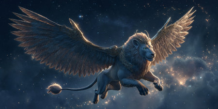 3D rendering of a fantasy lion flying in the night sky.の素材