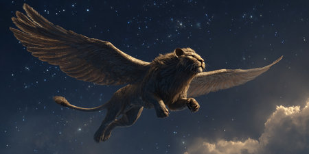 3D rendering of a lion flying in the night sky with starsの素材