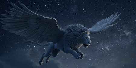 3d rendering of a lion with wings in the night sky.の素材