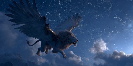 3d rendering of a lion flying in the night sky with starsの素材