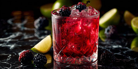 Alcoholic cocktail with blackberry, lime and ice on black backgroundの素材