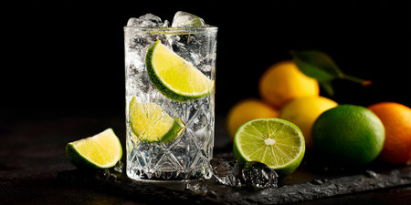 Cocktail with lime, lemon and ice on a black backgroundの素材