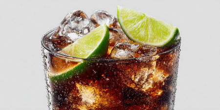glass of cola with ice cubes and lime on a white backgroundの素材