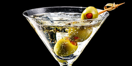 Martini with olives on a black background. Close up.の素材