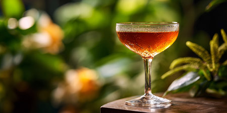Cocktail in a glass on a wooden table in the gardenの素材