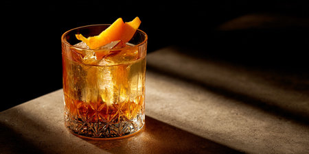 Cocktail with orange and ice in a glass on a dark backgroundの素材