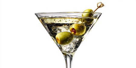 Martini glass with olives and ice isolated on a white backgroundの素材