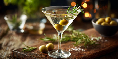 Martini with olives and rosemary on a wooden table.の素材