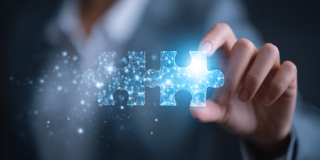 Businesswoman on blurred background connecting 3D rendering puzzle pieces with dotsの素材