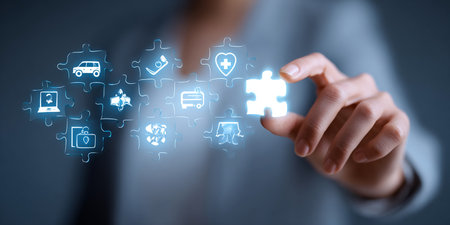 Woman holding jigsaw puzzle piece in her hand. business solution conceptの素材