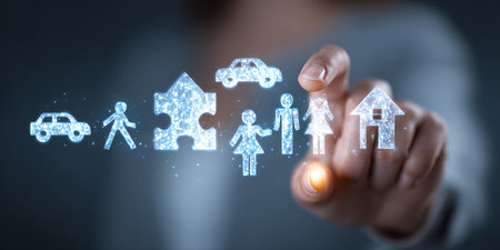 Businessman on blurred background using hand-drawn family interface 3D renderingの素材