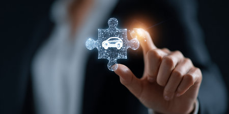 Businesswoman on blurred background connecting puzzle piece to car 3D renderingの素材