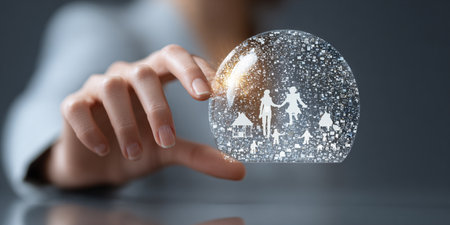 Woman on blurred background holding glass globe with family symbols 3D renderingの素材