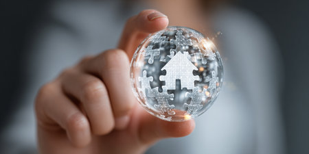 Businesswoman on blurred background using 3D rendering digital puzzle sphere with real estate symbolの素材