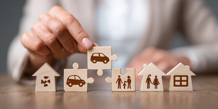 Insurance concept, close up of woman's hand holding wooden puzzle piece with family iconsの素材