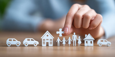 Insurance concept. Hand choosing a car, house, car, car for familyの素材