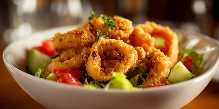 Salad with fried calamari on a white plate, close upの素材