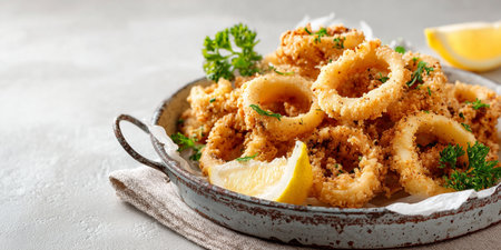 Fried squid rings with lemon and parsley in a frying panの素材