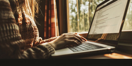 Young woman working on laptop at home. Freelance and remote work concept.の素材