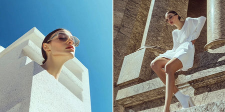 Collage of beautiful woman in white dress and sunglasses sitting on the buildingの素材