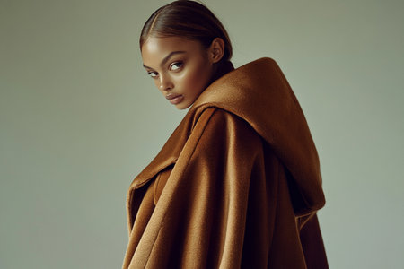 Beautiful young woman in a brown coat. Beauty, fashion.の素材
