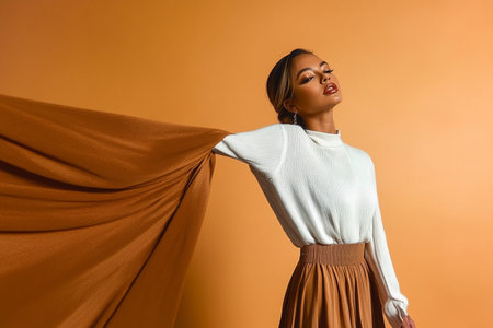 Beautiful young african american woman in sweater and skirt on orange backgroundの素材