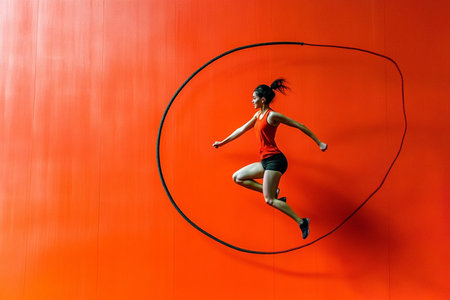 Fitness girl jumping with a hoop on a red wall background.の素材