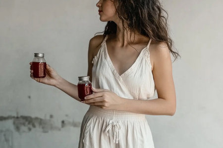 Young woman in a white dress holding a jar of red smoothieの素材