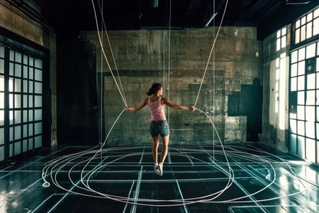Young woman in sportswear training with elastic ropes in an empty roomの素材