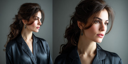 Portrait of a beautiful brunette woman in a black jacket.の素材