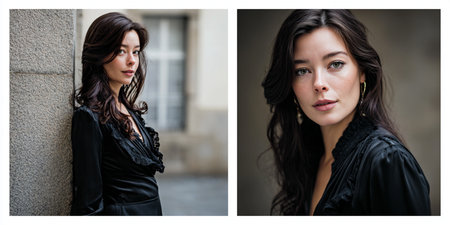 Portrait of a beautiful brunette woman in a black dress.の素材