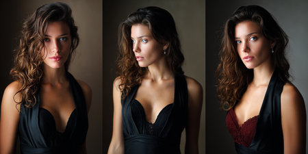 Portrait of a beautiful brunette woman in black dress on dark backgroundの素材