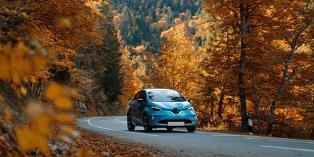 Car on the road in the autumn forest. Car travel concept.の素材