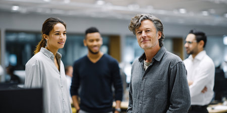 Portrait of business people standing in office with colleagues in the backgroundの素材