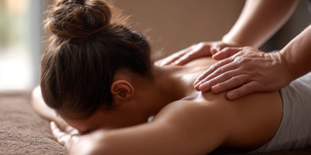 Relaxed young woman receiving a back massage in a spa centerの素材