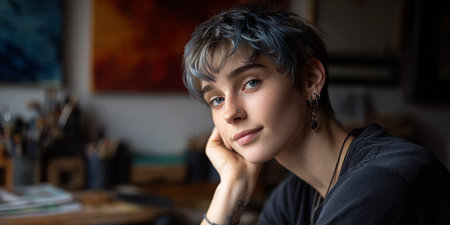 Portrait of a beautiful young woman with short blue hair and blue eyesの素材