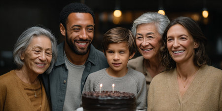 happy multiethnic family celebrating birthday with cake in living room at homeの素材